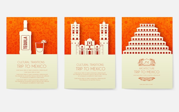 Conjunto de conceito de ilustração de ornamento de país do méxico. arte tradicional, cartaz, livro, cartaz, abstrato, motivos otomanos, elemento. cartão étnico decorativo ou fundo do convite.