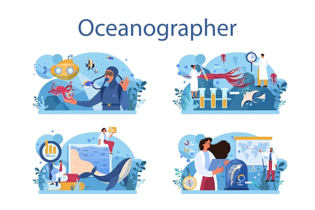 Conjunto de conceito de oceanógrafo, cientista de oceanologia, estudo prático