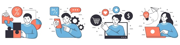 Conjunto de conceito de personagem de marketing digital com homem e mulher para ilustrações Vetor plano de desenho animado