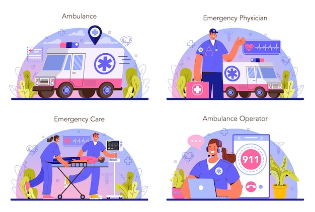 Conjunto de conceitos de ambulância. médico de emergência de uniforme realizando primeiros socorros. atendimento de urgência de paramédicos. cuidados de saúde, tratamento de medicina moderna. ilustração vetorial plana