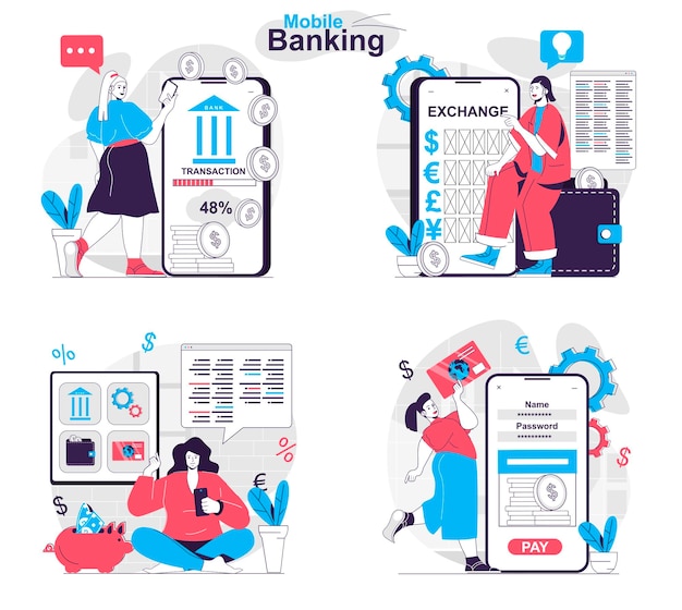 Vetor conjunto de conceitos de banco móvel serviços online para contabilidade de transações de câmbio