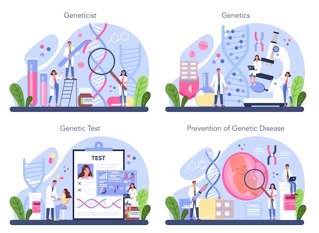 Conjunto de conceitos de geneticista. Medicina e tecnologia da ciência. Cientista trabalha com a estrutura da molécula. Análise de testes genéticos e prevenção de doenças genéticas.