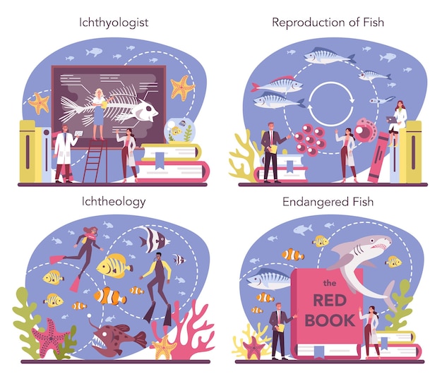 Conjunto de conceitos de ictiologista. cientista da fauna oceânica. estudo prático do ramo da zoologia dedicado ao estudo dos peixes. proteção de espécies ameaçadas. ilustração vetorial isolada