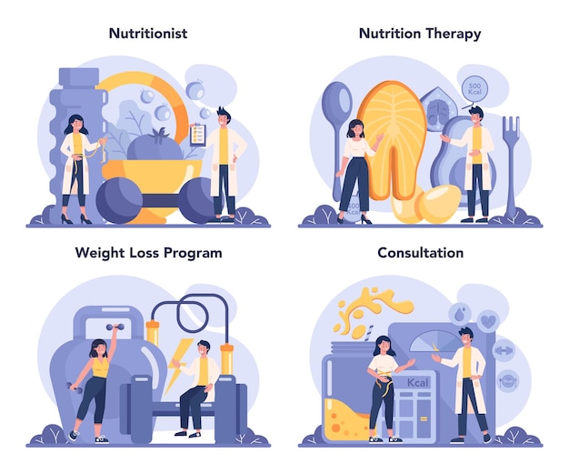 Conjunto de conceitos de nutricionista. terapia nutricional com alimentação saudável e atividade física.