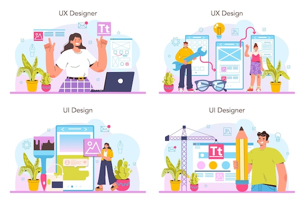 Vetor conjunto de conceitos de ux e ui designer. melhoria da interface do aplicativo. design da interface do usuário e desenvolvimento da experiência do usuário. indústria de design digital moderno. ilustração vetorial plana