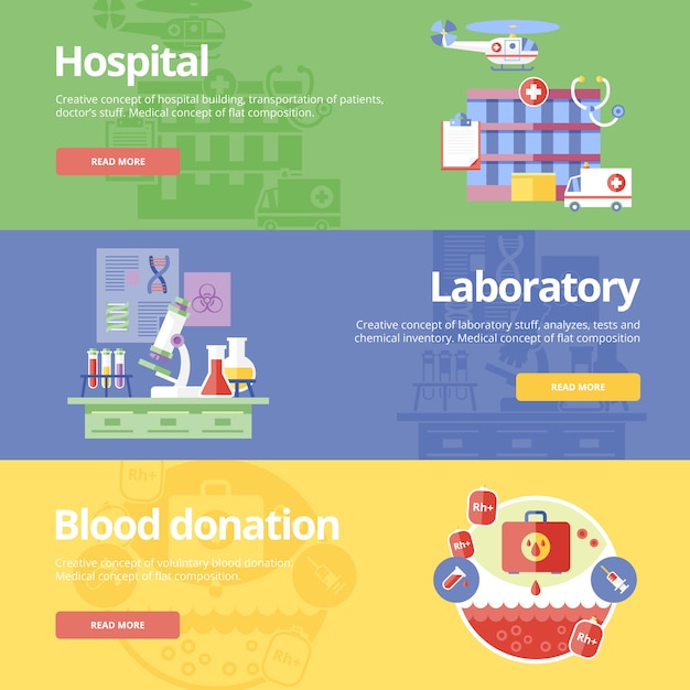 Conjunto de conceitos para doação de hospital, laboratório e sangue. conceitos médicos para web e materiais impressos.