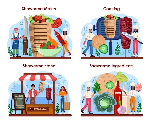Vetor conjunto de conceitos shawarma maker, chef cozinhando deliciosos rolos de comida de rua