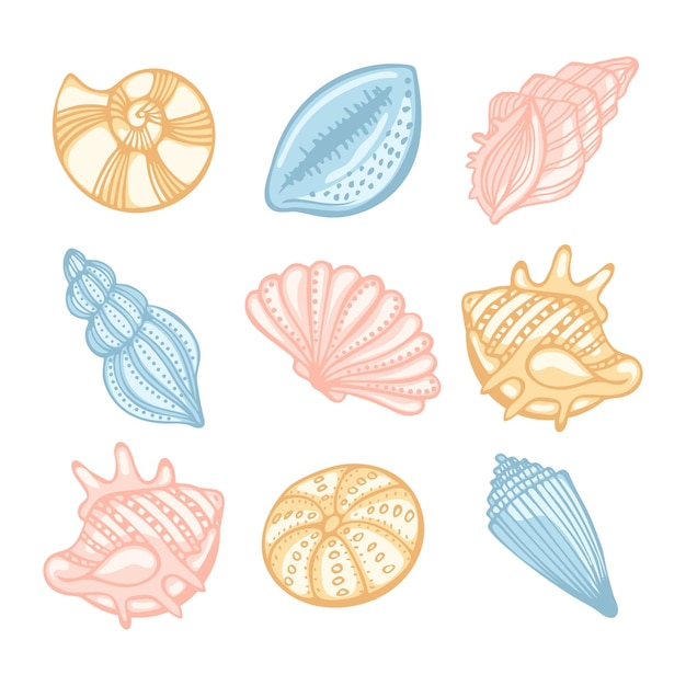 Conjunto de conchas do mar em tons pastel em um vetor de elementos de decoração de fundo branco