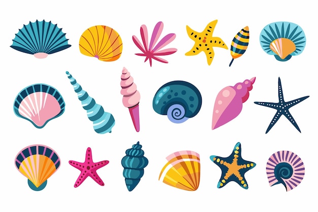 Conjunto de conchas marinhas coloridas moluscos caracóis marinhos estrelas de mar ilustração plana em fundo branco