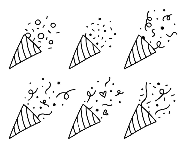 Conjunto de confetes popper confetti isolado explosão fogos de artifício vetor de férias desenho estilo desenhado à mão estilo doodle