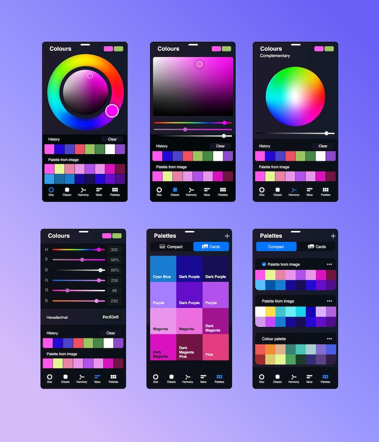 Vetor conjunto de configurações de cores. paletas. seletor de cores. seleção de cores em editores gráficos. gradiente arco-íris