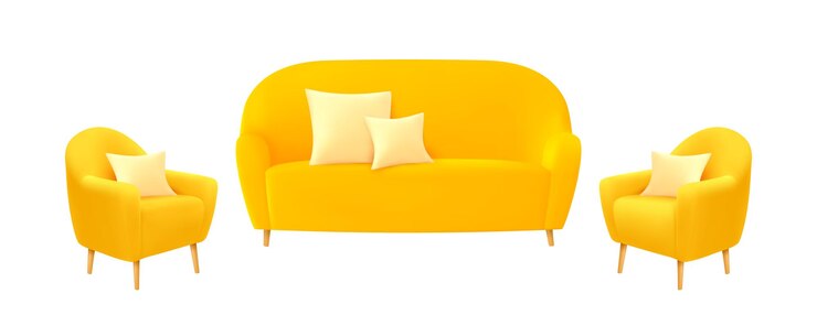 Vetor conjunto de confortável sofá amarelo e poltrona com travesseiro móvel tradicional retrô sofá aconchegante couro e tecido zona de lounge isolado em fundo branco ilustração vetorial