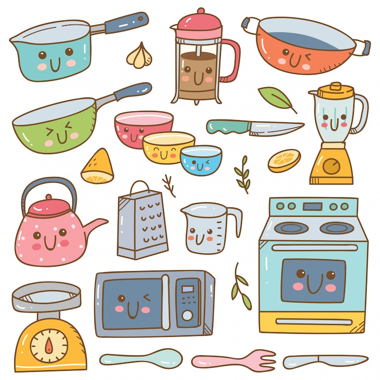 Vetor conjunto de conjunto de equipamentos de cozinha kawaii