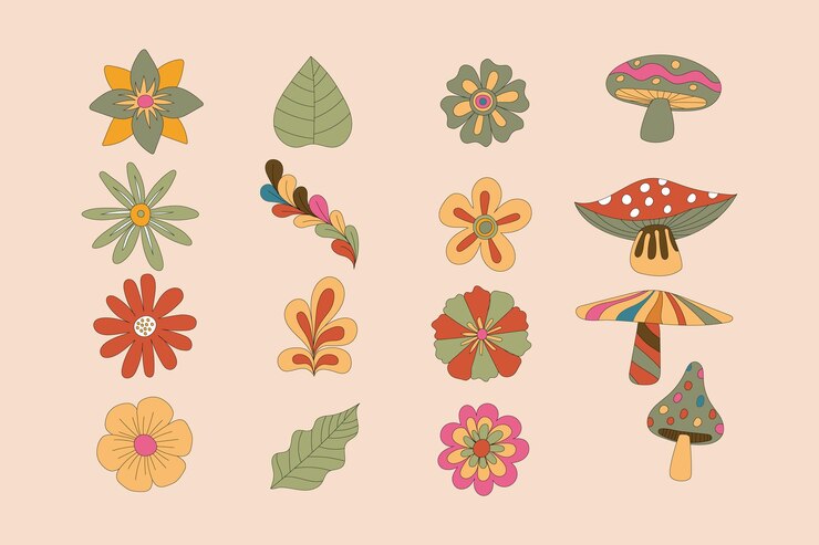 Conjunto de conjuntos de flores psicodélicas estilo retrô vintage desenhados à mão com estilo dos anos 90