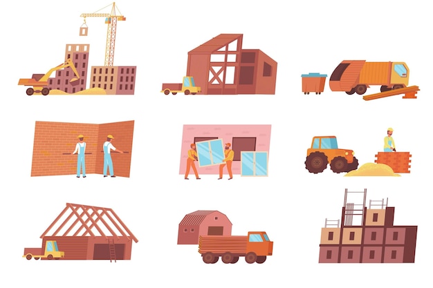 Vetor conjunto de construção em casa de ícones planos e imagens isoladas de materiais de construção casas ilustração vetorial de máquinas e trabalhadores