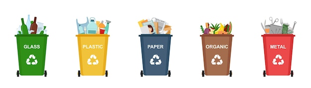 Conjunto de contentores de lixo para reciclagem de diferentes tipos de resíduos. Classificação e reciclagem de resíduos, ilustração vetorial