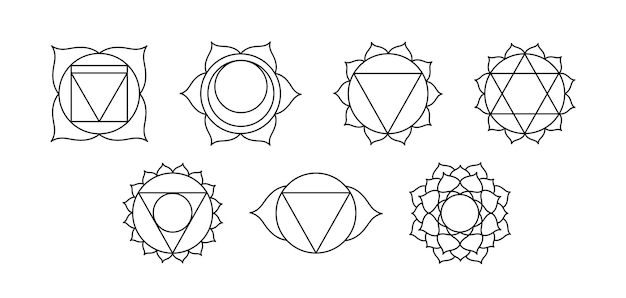 Vetor conjunto de contorno chakra significando sete roda de meditação usada em várias práticas espirituais antigas sete chakras linha arte
