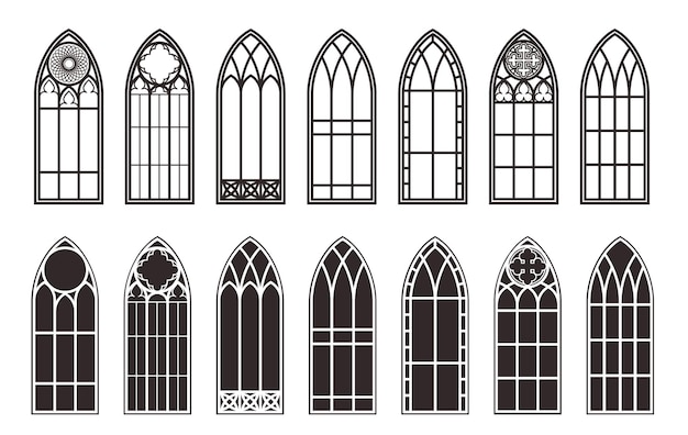 Conjunto de contorno de janelas góticas Silhueta de molduras de igreja de vitrais vintage