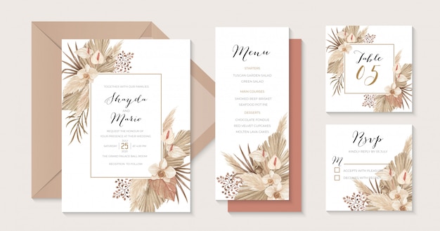 Conjunto de convite de casamento boho bege e terracota de luxo com folhas secas de capim-dos-pampas, lírio de calla e orquídea