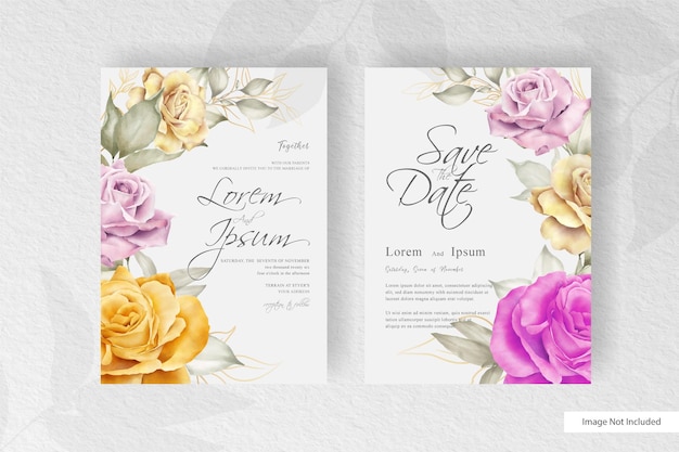 Conjunto de convite de casamento editável com flores e folhas em aquarela desenhada à mão