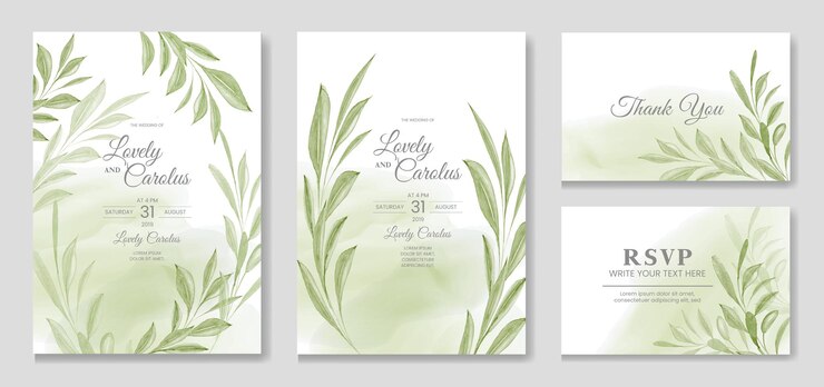 Vetor conjunto de convite de casamento em aquarela com respingos verdes e lindas folhas
