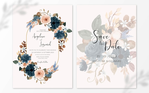 Conjunto de convite de casamento floral em aquarela azul rústico