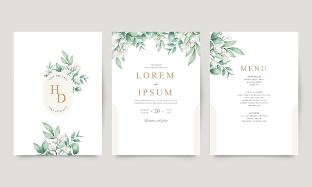 Conjunto de convites de casamento florais brancos e folhas verdes