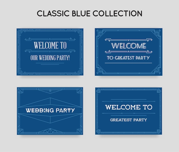 Conjunto de convites Great Gatsby Style em Art Deco ou Nouveau Epoch 1920's Gangster Era Collection Trendy Classic Blue Color