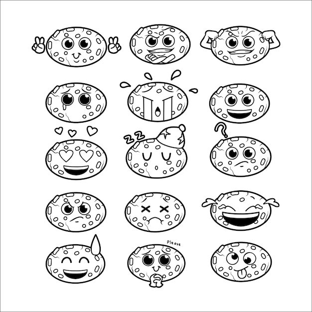 Conjunto de cookies emoji ilustração de contorno desenhada à mão