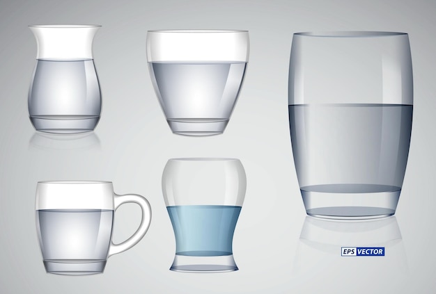 Conjunto de copo de cristal realista ou copo de vidro transparente para beber ou copo vazio de bebidas alcoólicas