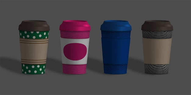 conjunto de copos de papel cobertos com vários padrões. Ilustração realista em vetor 3d editável