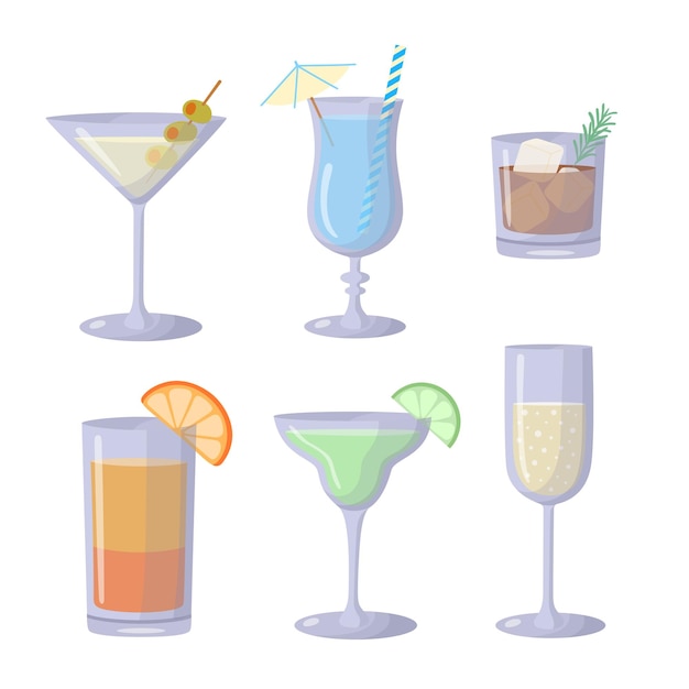 Conjunto de coquetéis alcoólicos em copos em estilo simples Elementos de design de menu Coquetéis famosos de verão