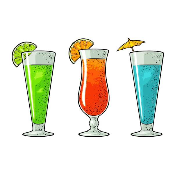 Conjunto de coquetel de vidro de álcool Ilustração de gravura vetorial vintage para convite de menu de pôster da web para festa Isolado em fundo branco