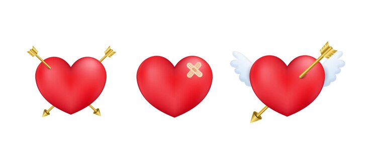 Vetor conjunto de corações 3d com seta de cupido e asa elemento decorativo do dia dos namorados para fundo de convite de cartão de amor de casamento ilustração vetorial