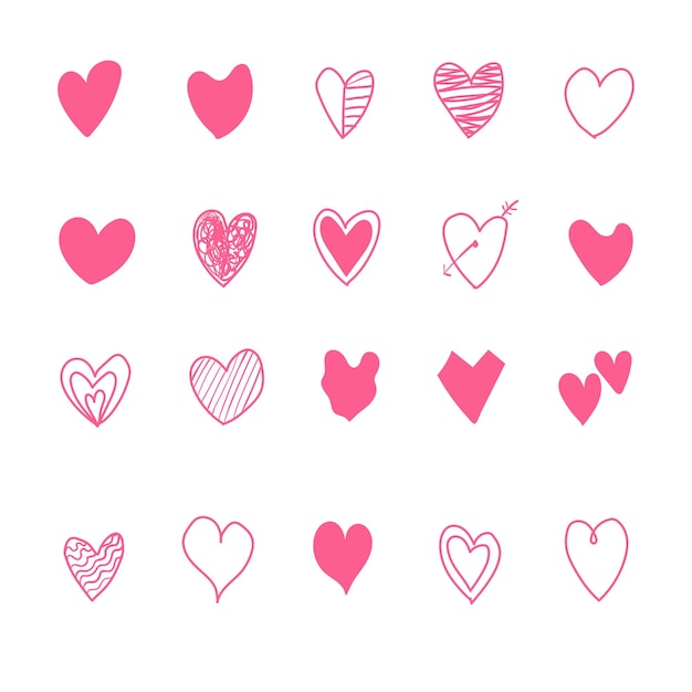 Conjunto de corações cor-de-rosa desenhados à mão isolados em fundo branco Ilustração vetorial
