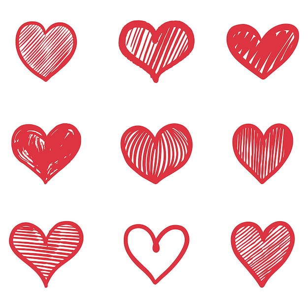 Conjunto de corações de doodle isolado no fundo branco. mão desenhada de ícone de amor. ilustração vetorial.
