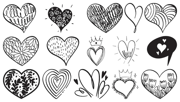 Conjunto de corações desenhados à mão negra