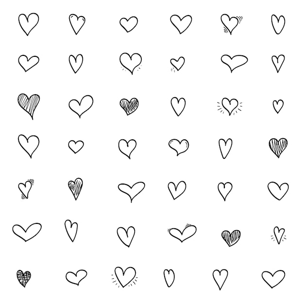 Vetor conjunto de corações diferentes desenhados à mão coleção de estilo plano isolada em ilustração vetorial branca