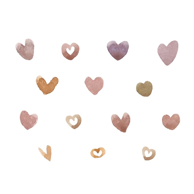 Conjunto de corações em aquarela suave