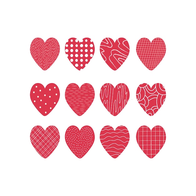Conjunto de corações para o dia dos namorados. design de postais, convites, cartazes, impressão de t-shirt. corações com padrões da moda - ponto, célula, ervilha, ondas. ilustração vetorial