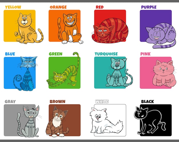 Conjunto de cores básicas com personagens de gatos de desenhos animados