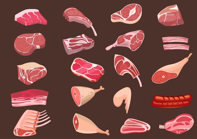 Vetor conjunto de cores de carne e produtos de carne design simples em fundo marrom vetor de ilustração de desenho animado estilo plano