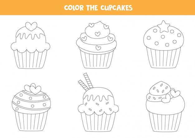 Conjunto de cores de cupcakes fofos. página para colorir para crianças.