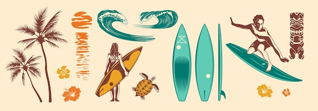 Conjunto de cores desenhadas à mão de surf