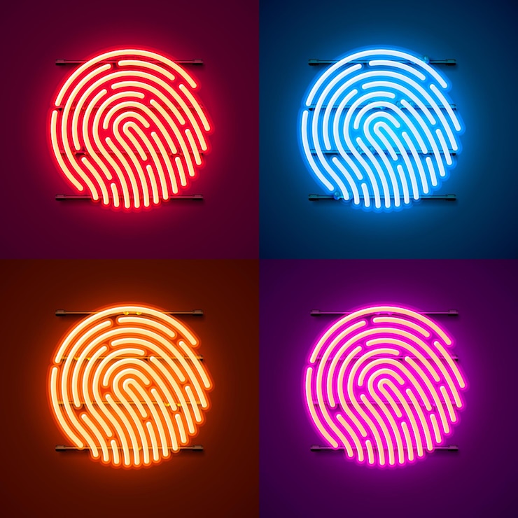 Vetor conjunto de cores do sinal do telefone neon password touch id. ilustração vetorial