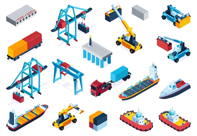Conjunto de cores logísticas marítimas de equipamentos de plataforma ferroviária para ícones isométricos de transporte de água de transporte de carga isolado ilustração vetorial