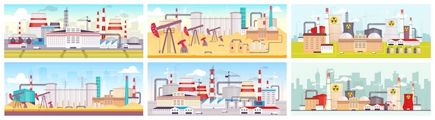 Vetor conjunto de cores planas de sites industriais. refinaria de petróleo, usina nuclear e plantas de manufatura paisagens de desenhos animados em 2d. instalações para mineração e exploração de recursos naturais.