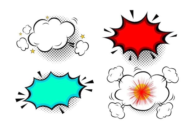 Conjunto de cores vazias bolhas de fala cômica adesivos com nuvem semitono em BG transparente
