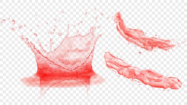 Vetor conjunto de coroa de água translúcida com gotas e dois salpicos ou jatos nas cores vermelhas, isoladas em fundo transparente. transparência apenas em formato vetorial