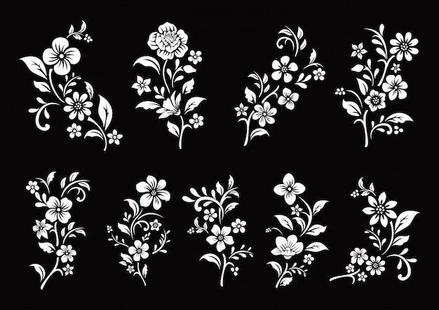 Vetor conjunto de corte de flores preto e branco